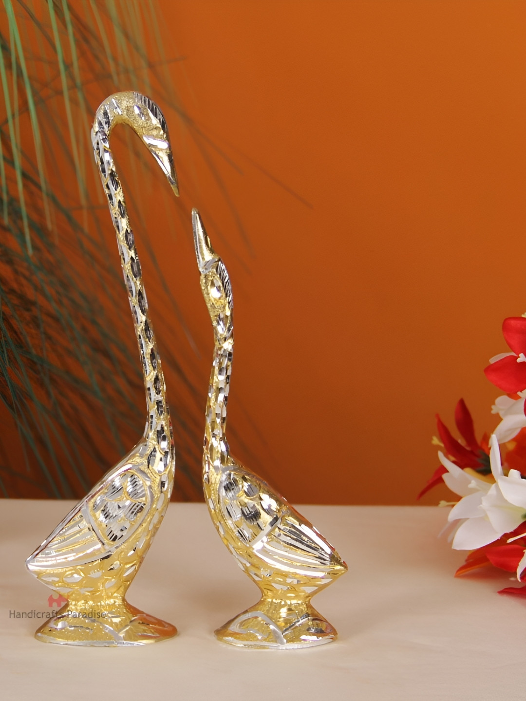 HANDICRAFTS PARADISE Pair of Kissing Swan Gold Metal Metallic Living Room Set of 2 Medium Showpieces - 10 Inches