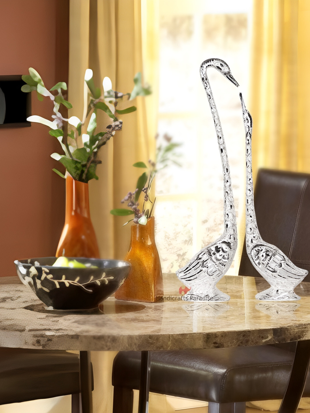 HANDICRAFTS PARADISE Pair Of Kissing Swan Silver Metal Metallic Living Room Hand-Crafted Set of 2 Medium Showpieces - 19 Inches