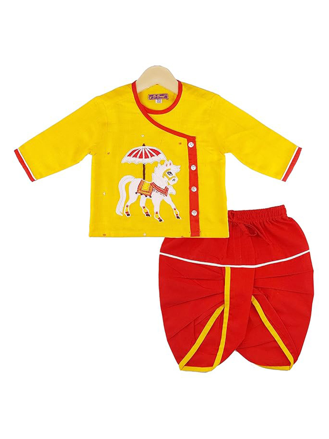 BAESD Boys Horse Printed Round Neck Pure Cotton Straight Kurta with Dhoti Pants