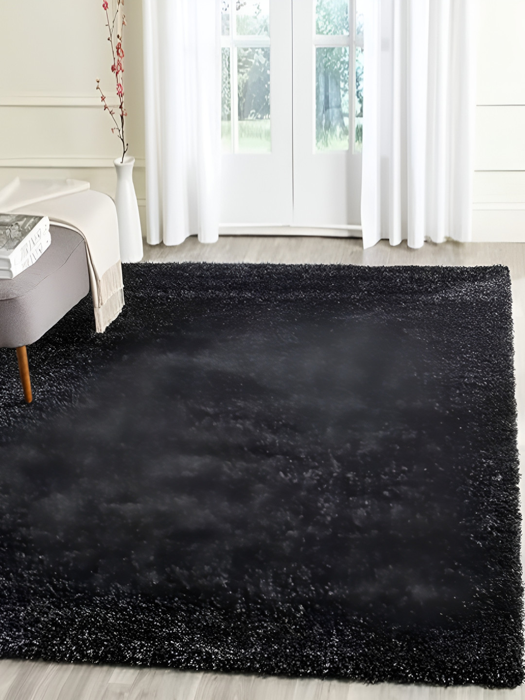Shopgallery Black Textured Anti Skid Rectangle Shaggy Carpet