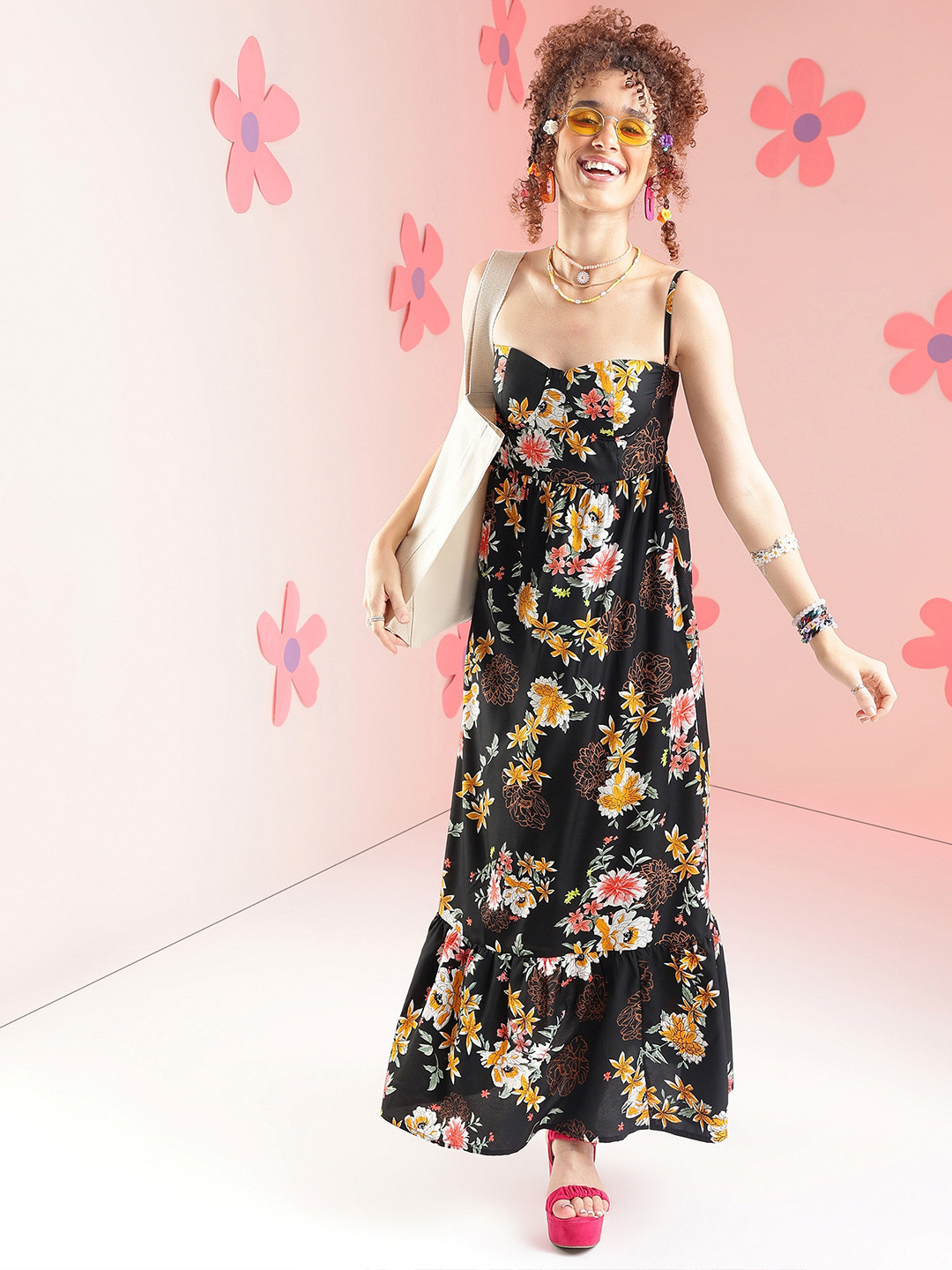 Fuchsia Shoulder straps Sleeveless Floral Print Fit & Flare Dress