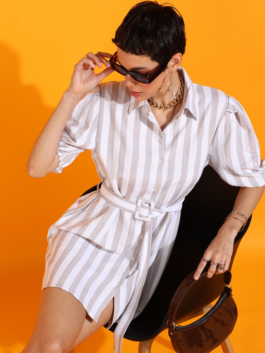 Fuchsia  Shirt collar Puff Sleeves Striped Shirt Dress