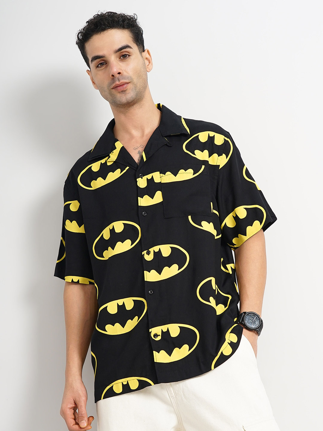 Celio Men Classic Fit Batman Printed Cuban Collar Cotton Casual Shirt