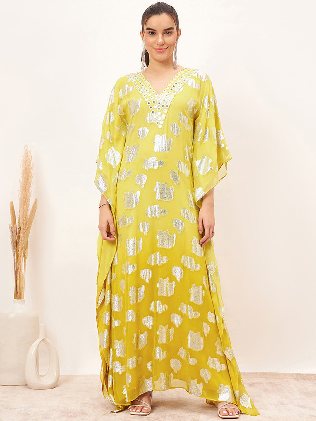 First Resort by Ramola Bachchan Floral Mirror Work Made to Measure Kaftan Maxi Dress