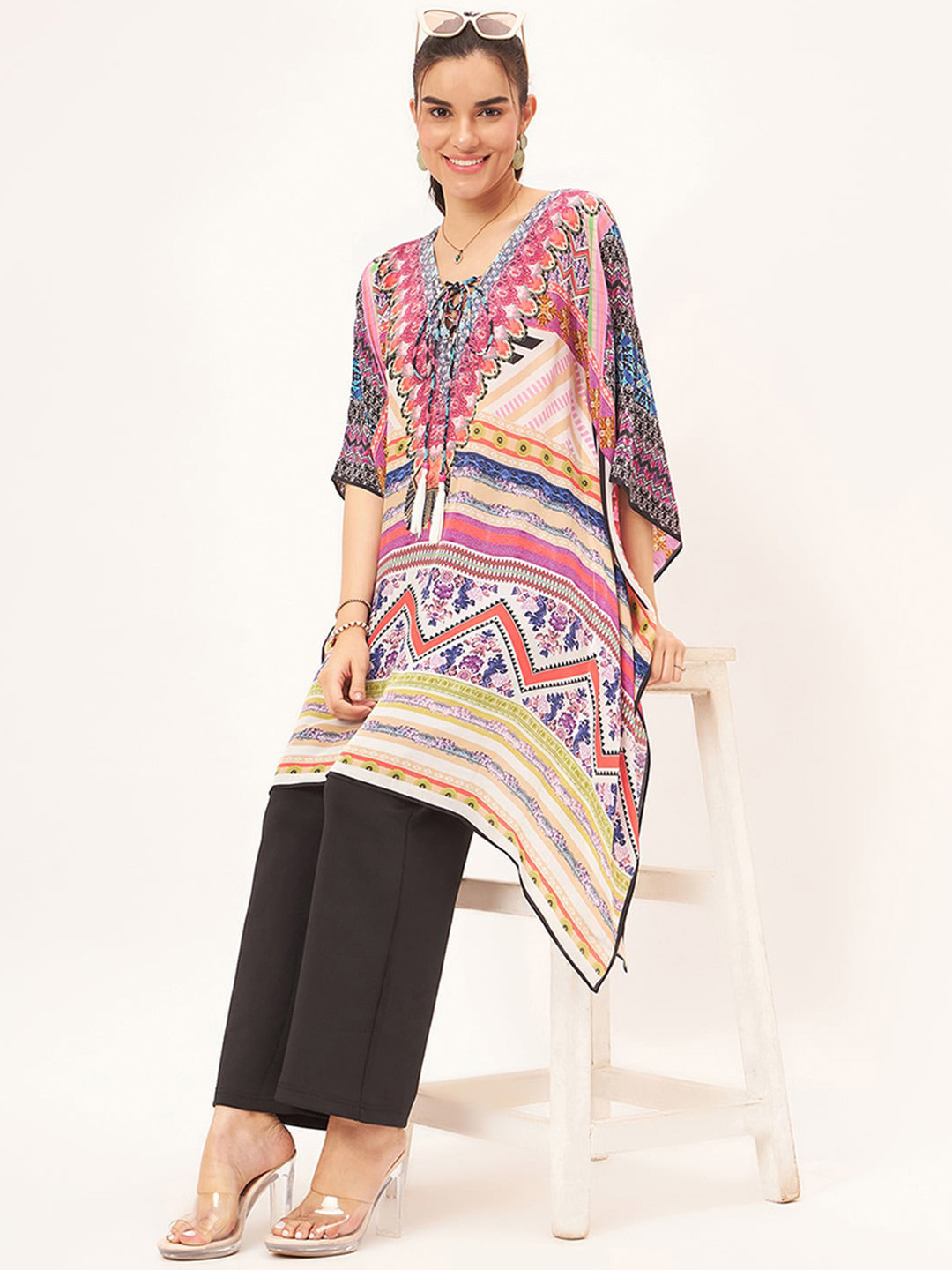 First Resort by Ramola Bachchan Geometric Printed Tie-Ups Kaftan Maxi Dress