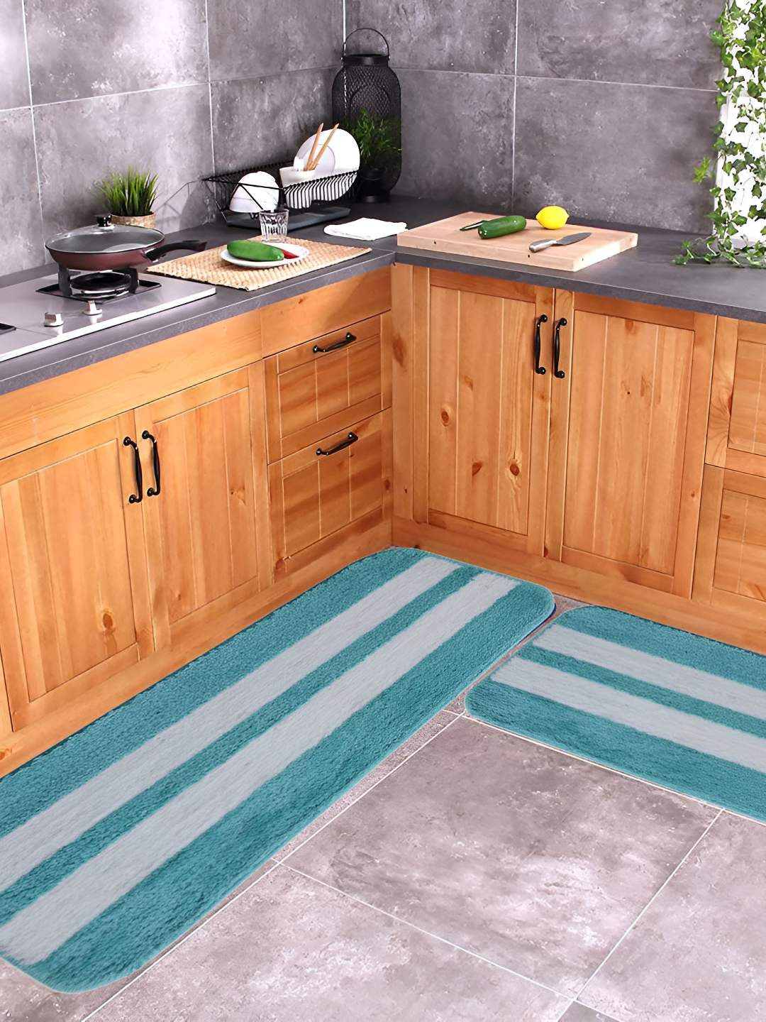 Bajo's Turquoise Blue & White 2 Pcs Super Soft Striped Mat & Runner With Anti Skid Backing