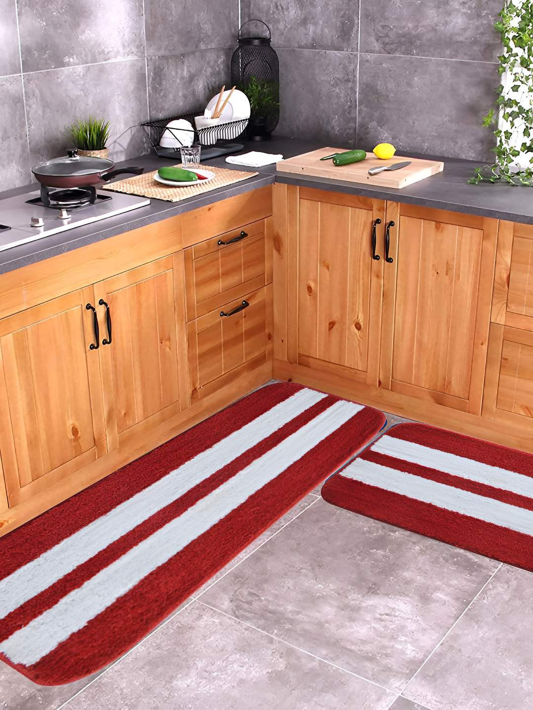 Bajo's Red & White 2 Pieces Super Soft Striped Mat & Runner With Anti Skid Backing