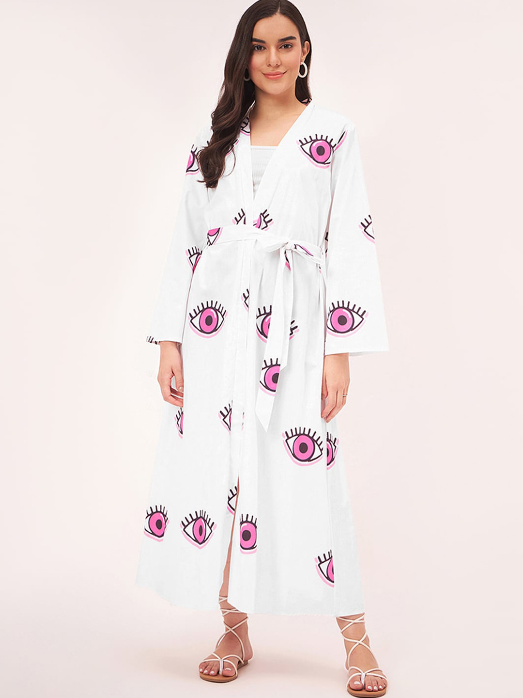 First Resort by Ramola Bachchan Conversational Printed Cotton Longline Shrug With Belt