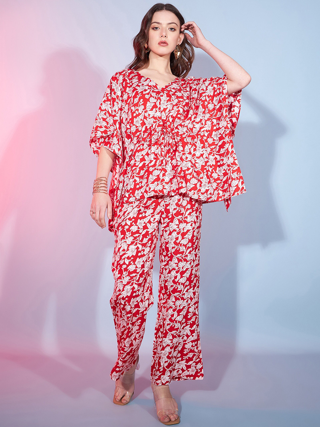 DressBerry Red Printed V-Neck Kaftan Top With Trouser