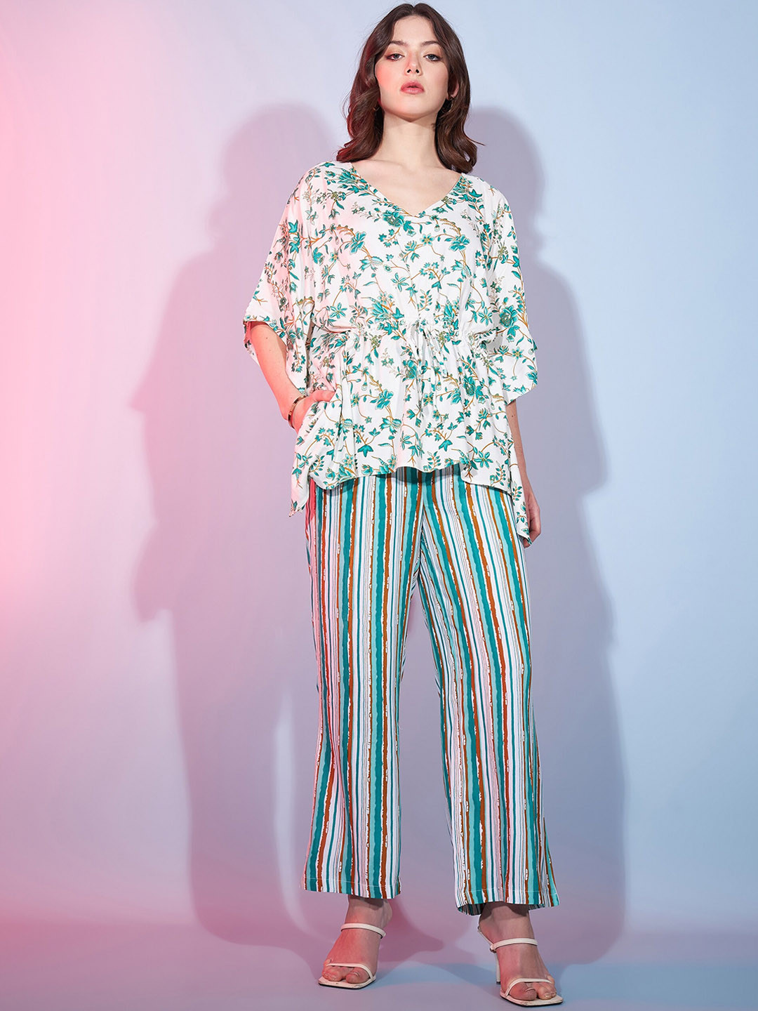 DressBerry White & Green Floral Printed kaftan Top With Trousers