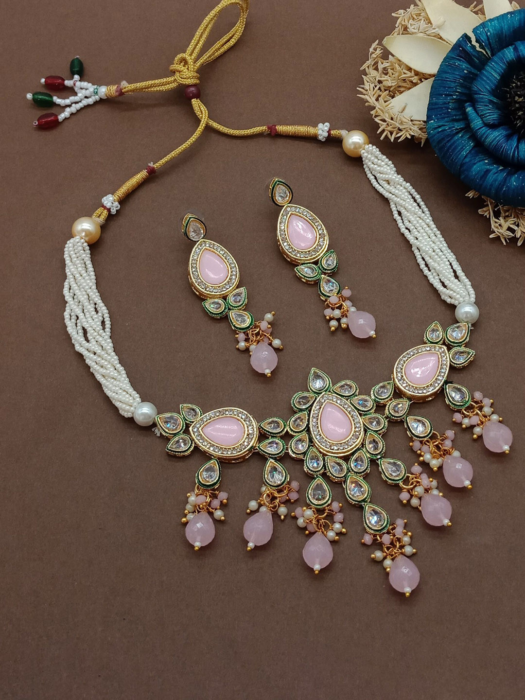AASHISH IMITATION Gold-Plated AD-Stones Studded & Pearl Beaded Statement  Jewellery Set
