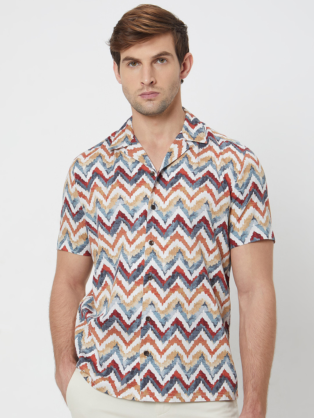 Mufti Chevron Printed Lapel Collar Short Sleeves Cotton Opaque Casual Shirt