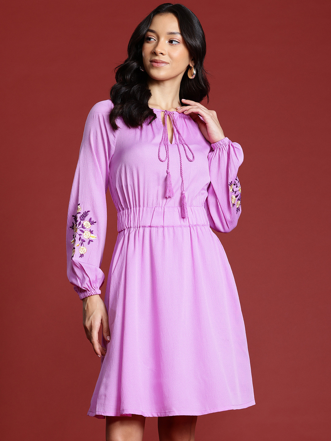 Routes by All About You Embroidered Tie-Up Neck Puff Sleeves A-Line Dress