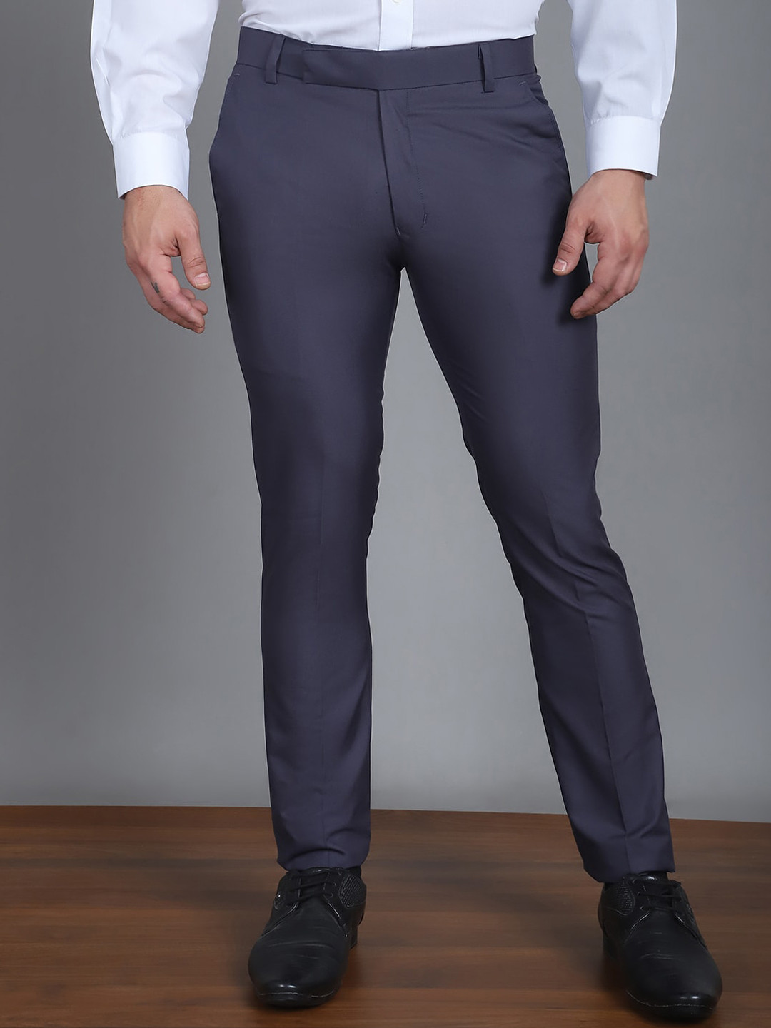 Indian Needle Men Flat Front Mid Rise Relaxed Tapered Fit Formal Regular Trousers