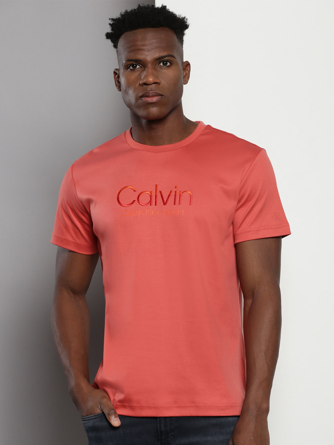 Calvin Klein Brand Logo Embroidered Round Neck Short Sleeves Cotton T-shirt
