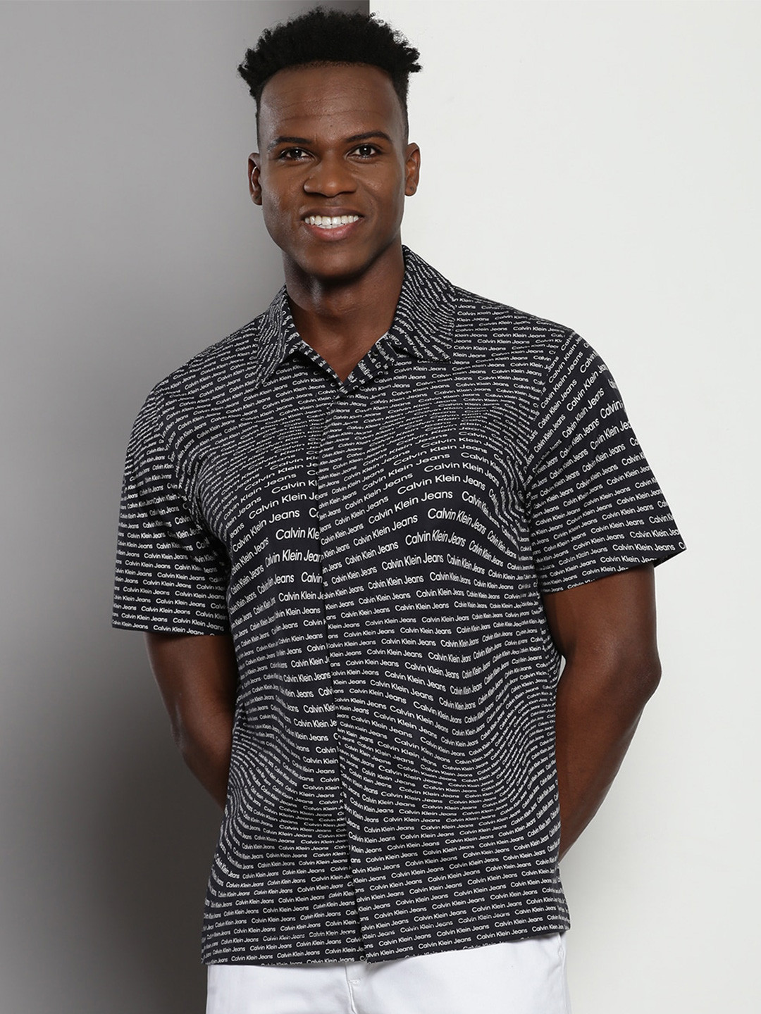 Calvin Klein Jeans Typography Printed Cotton Oversized Casual Shirt