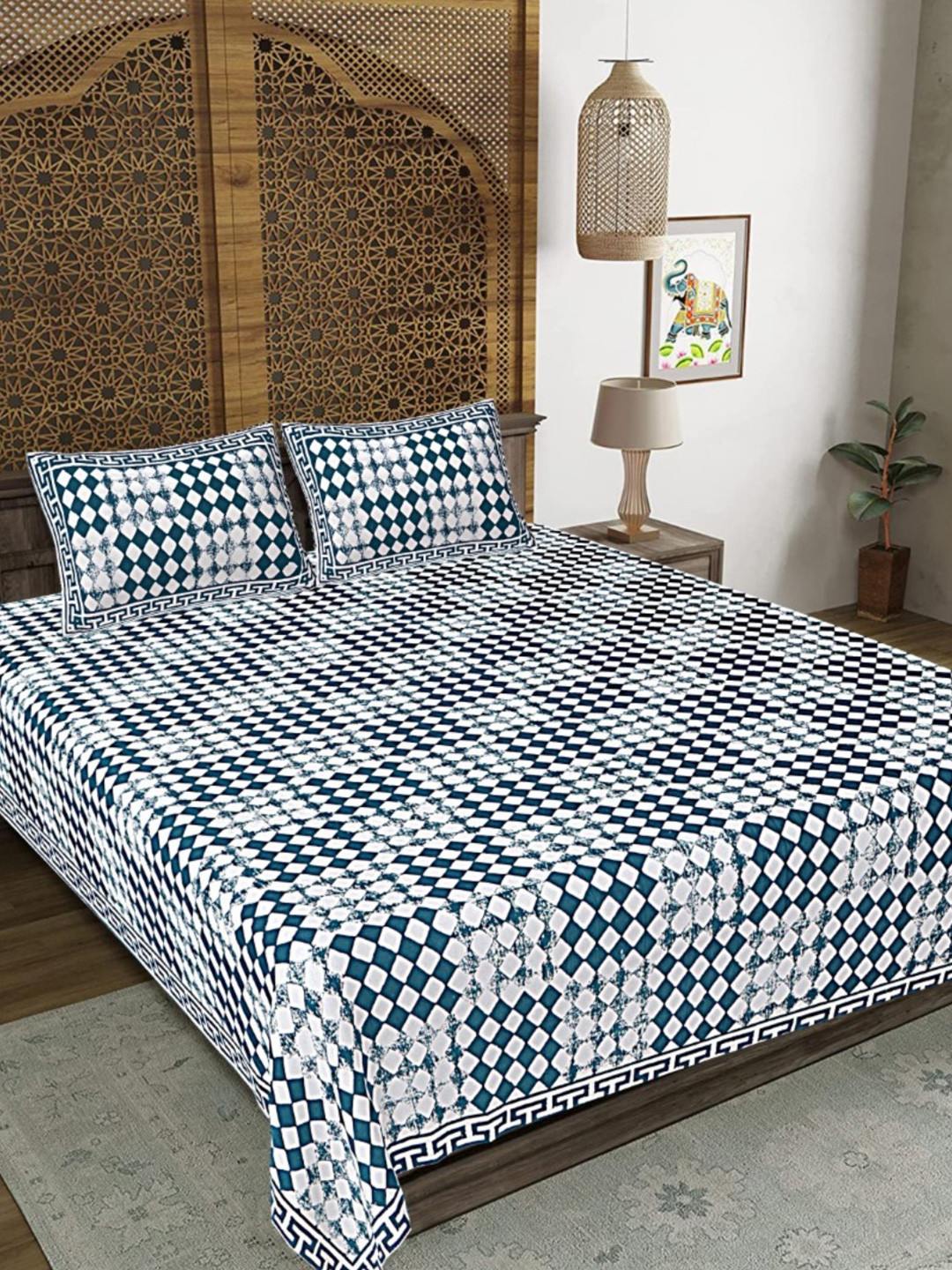 LIVING ROOTS White Geometric Cotton Breathable 210 TC King Fine Bedsheet with 2 Pillow Covers-85 x 103 inches