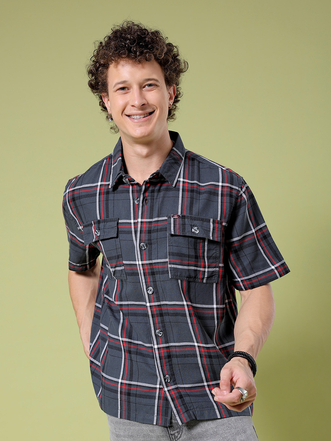 The Indian Garage Co Boxy Windowpane Checks Opaque Twill Cotton Casual Shirt