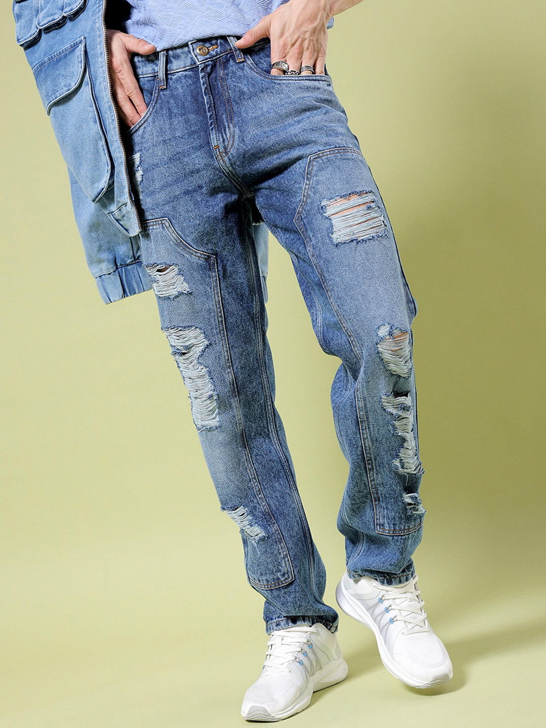 The Indian Garage Co Men Straight Fit Highly Distressed Mid Rise Heavy Fade Cotton Jeans