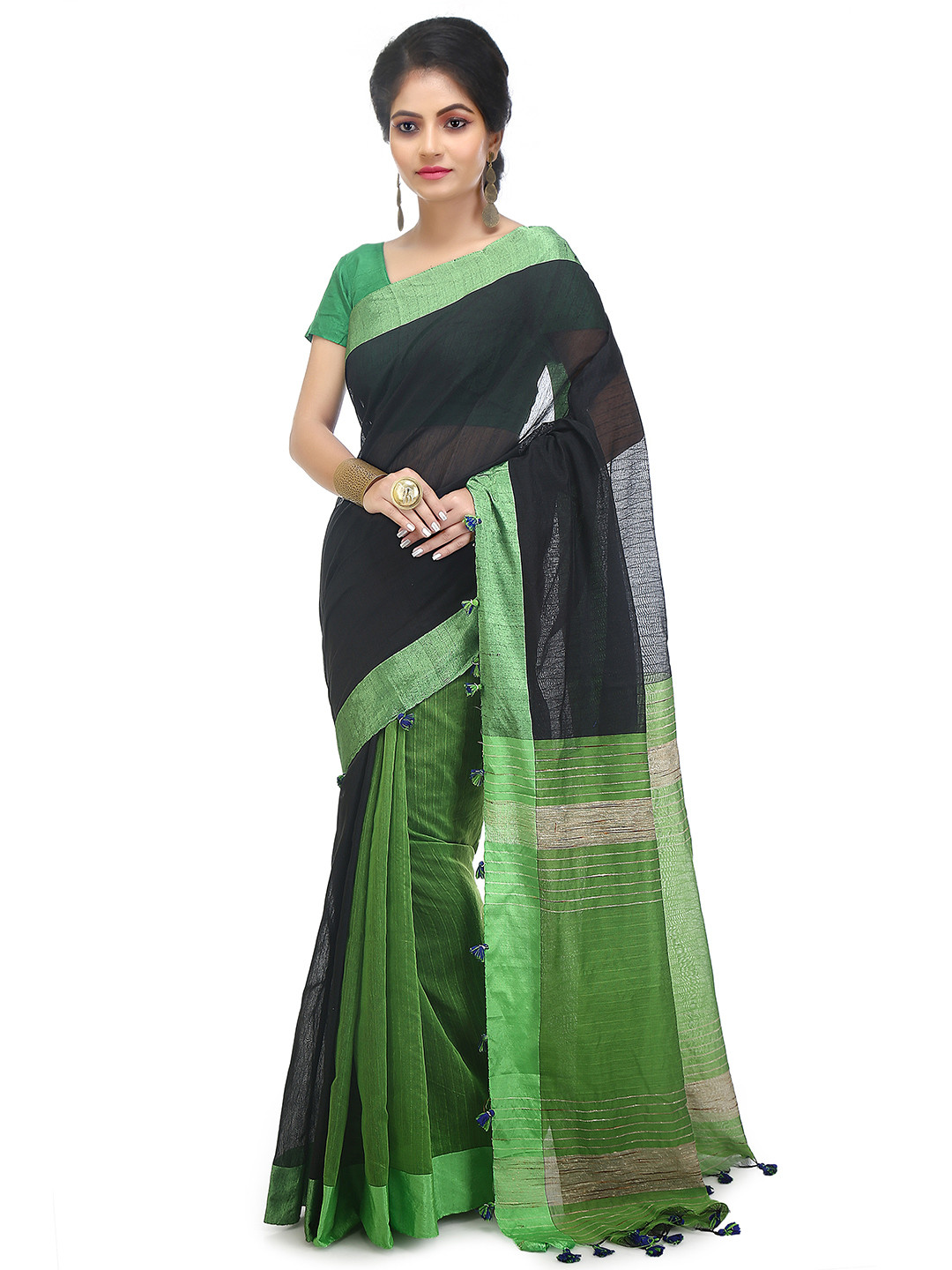BENGAL HANDLOOM Colourblocked Zari Taant Saree