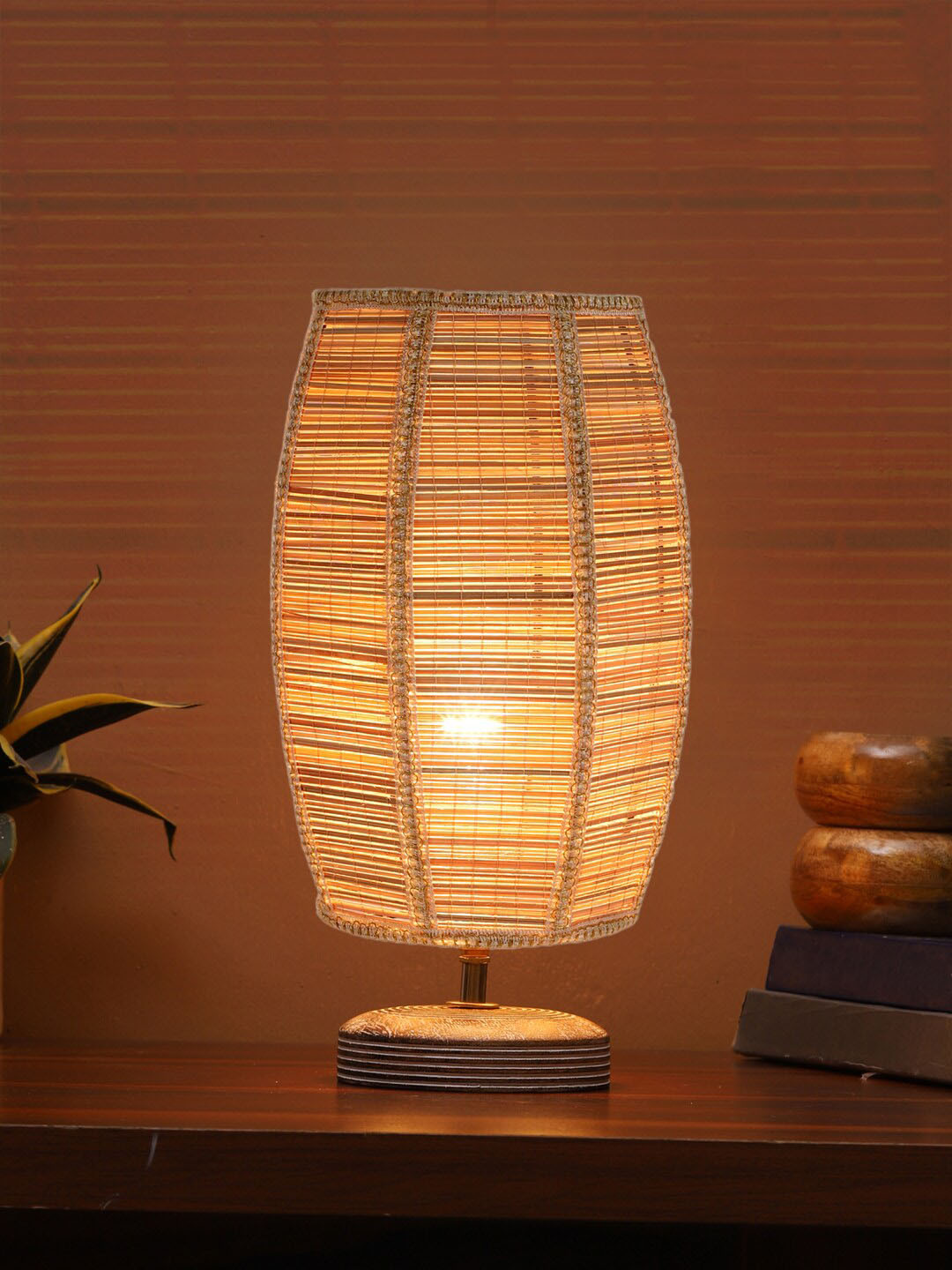 Devansh Beige Textured Contemporary Wooden Abstract Shaped Table Lamp