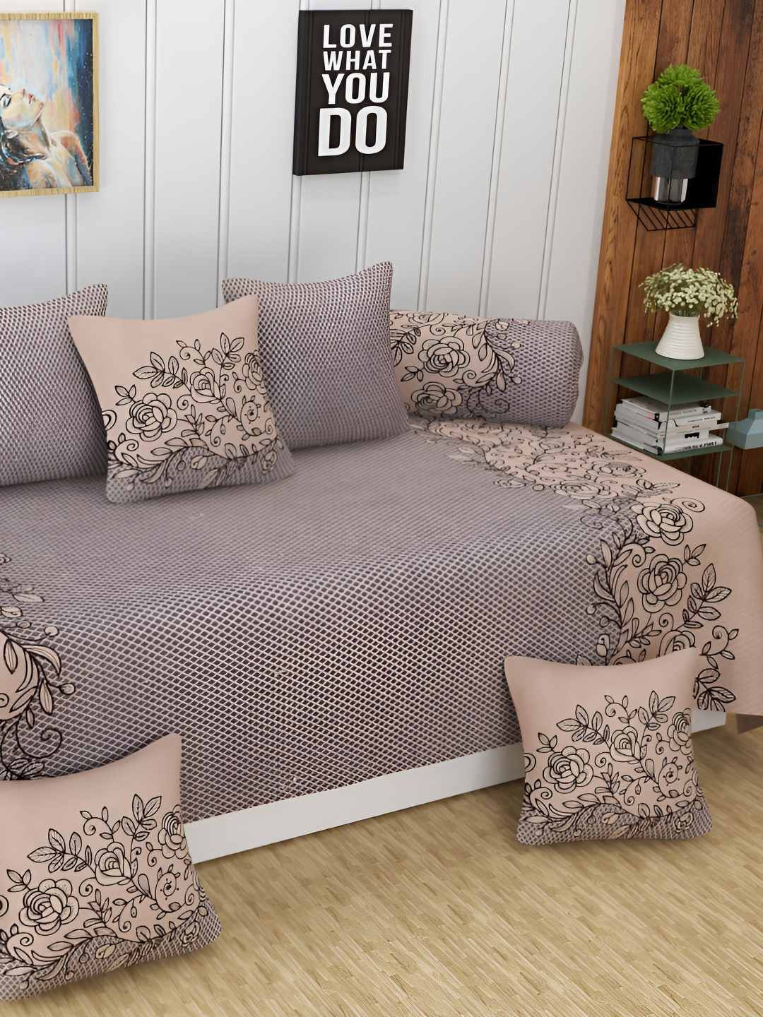 Bajo's Brown & Grey 8 Pieces Floral Printed Glace Cotton Diwan Set