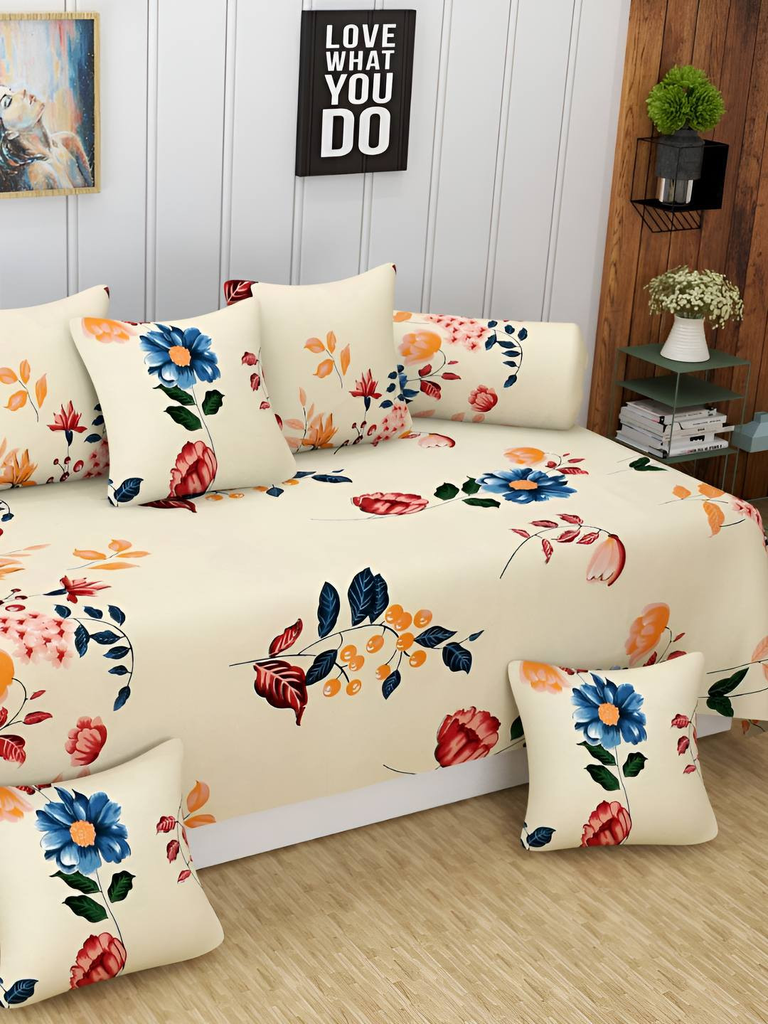 Bajo's Cream-Colored & Blue 8 Pieces Floral Printed Cotton Diwan Set