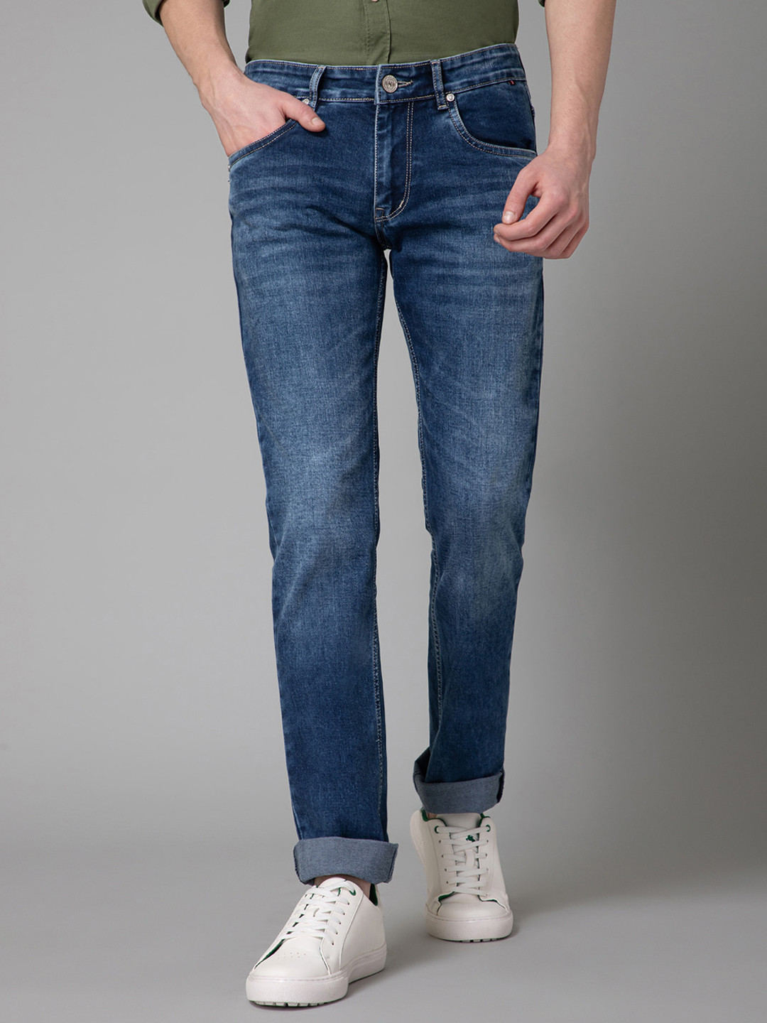Cantabil Men Mid-Rise Dark Shade Heavy Fade Clean Look Cotton Stretchable Jeans