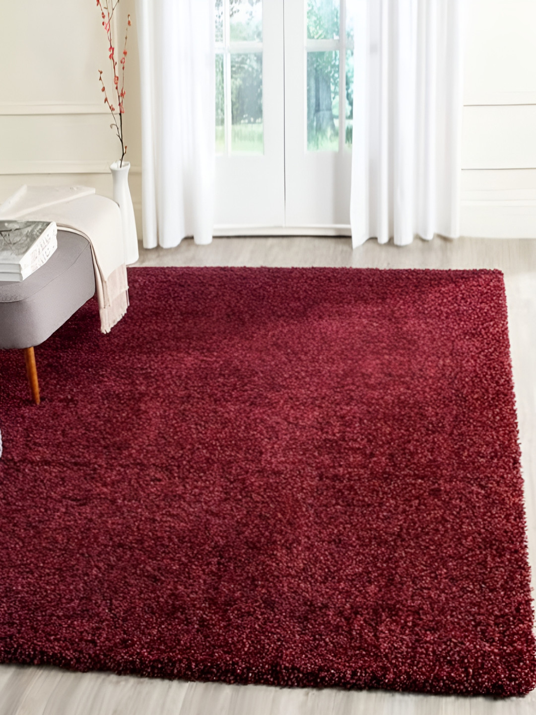 Shopgallery Maroon Textured Anti Skid Rectangle Shaggy Carpet