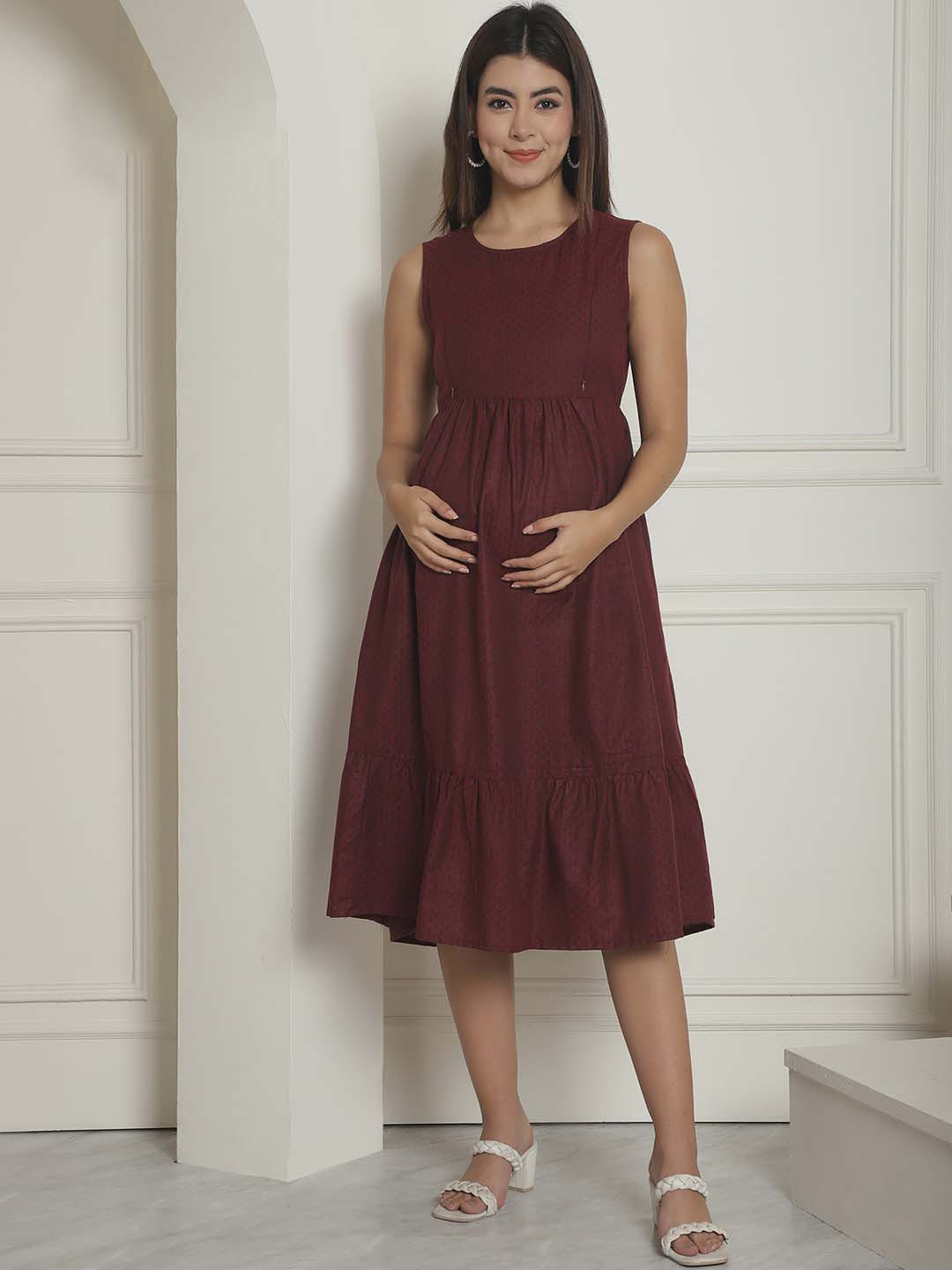 Moms Maternity Geometric Woven Design Gathered Organic Cotton Maternity A-Line Dress