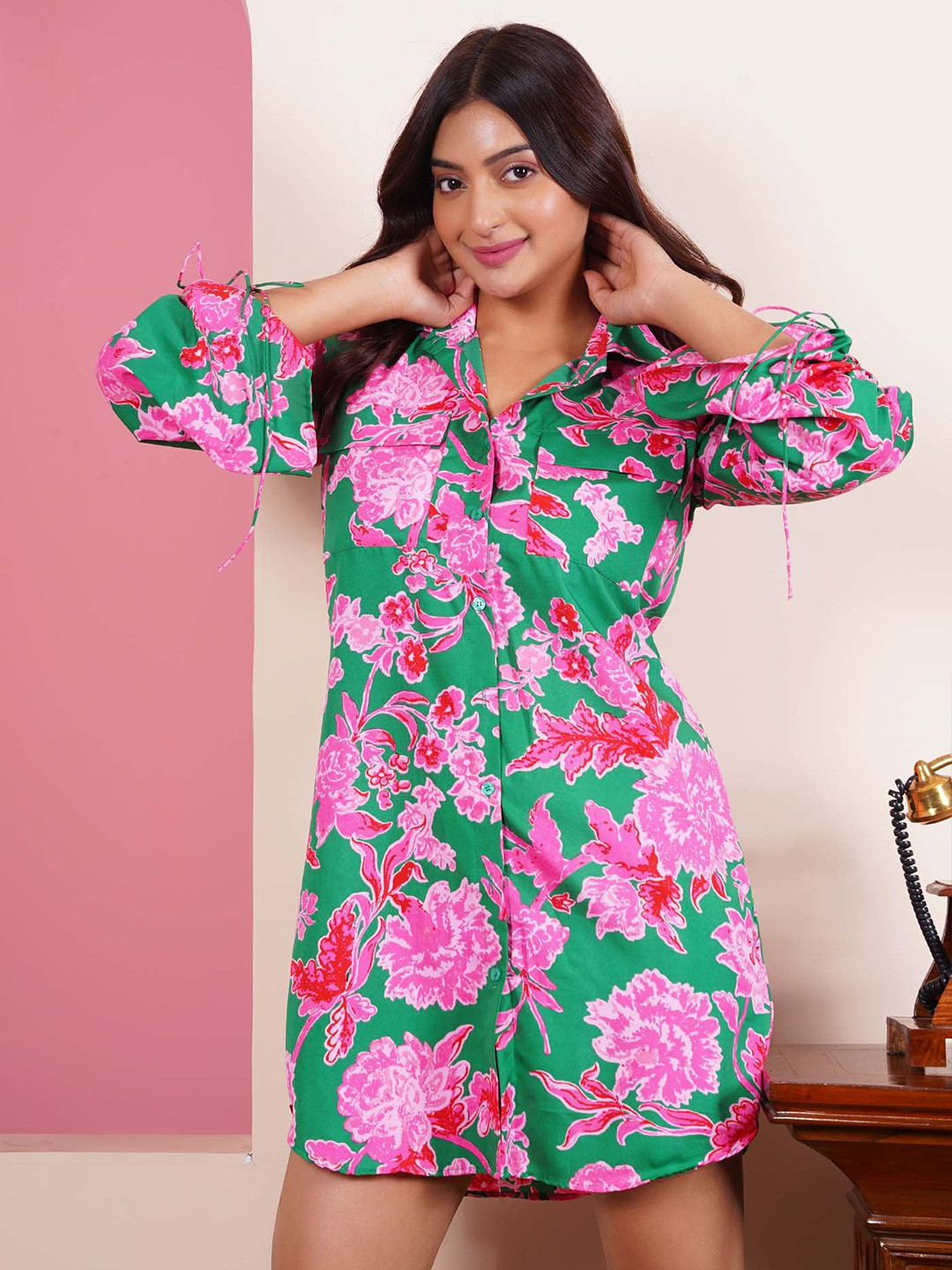 Salvia Sky Floral Print Three-Quarter Sleeves Shirt Dress