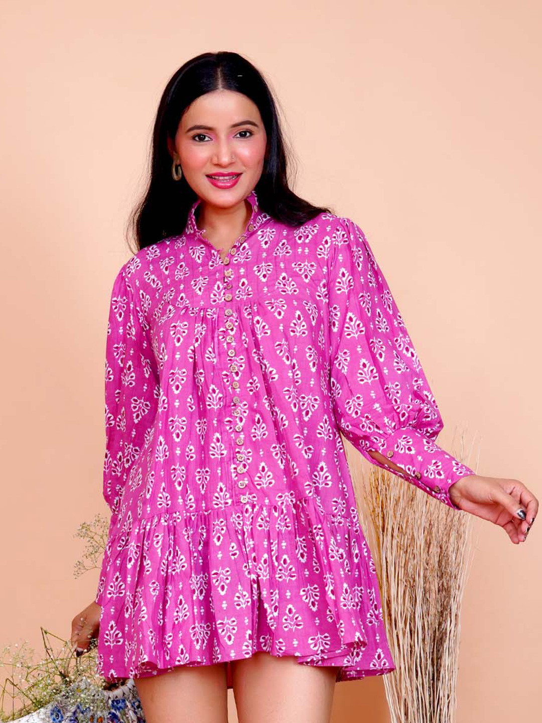 Salvia Sky Floral Print Cuffed Sleeves A-Line Dress