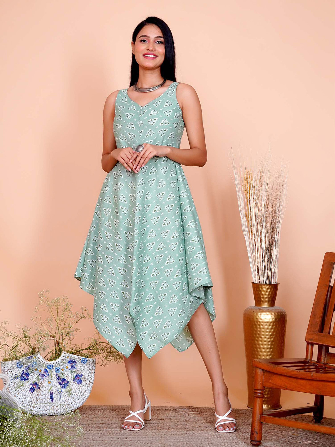 Salvia Sky Floral Printed V-Neck Fit & Flare Midi Dress