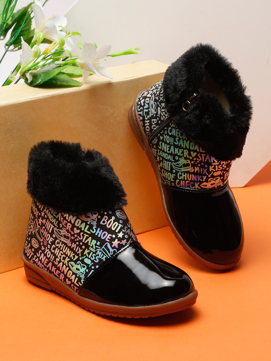 Tiny Bugs Girls Typographic Printed Faux-Fur Detail Zip-Up Winter Boots