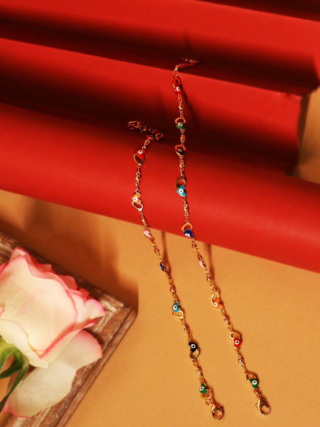 VIRAASI Set of 2 Gold Plated Heart Shaped Stone-Studded Anklet