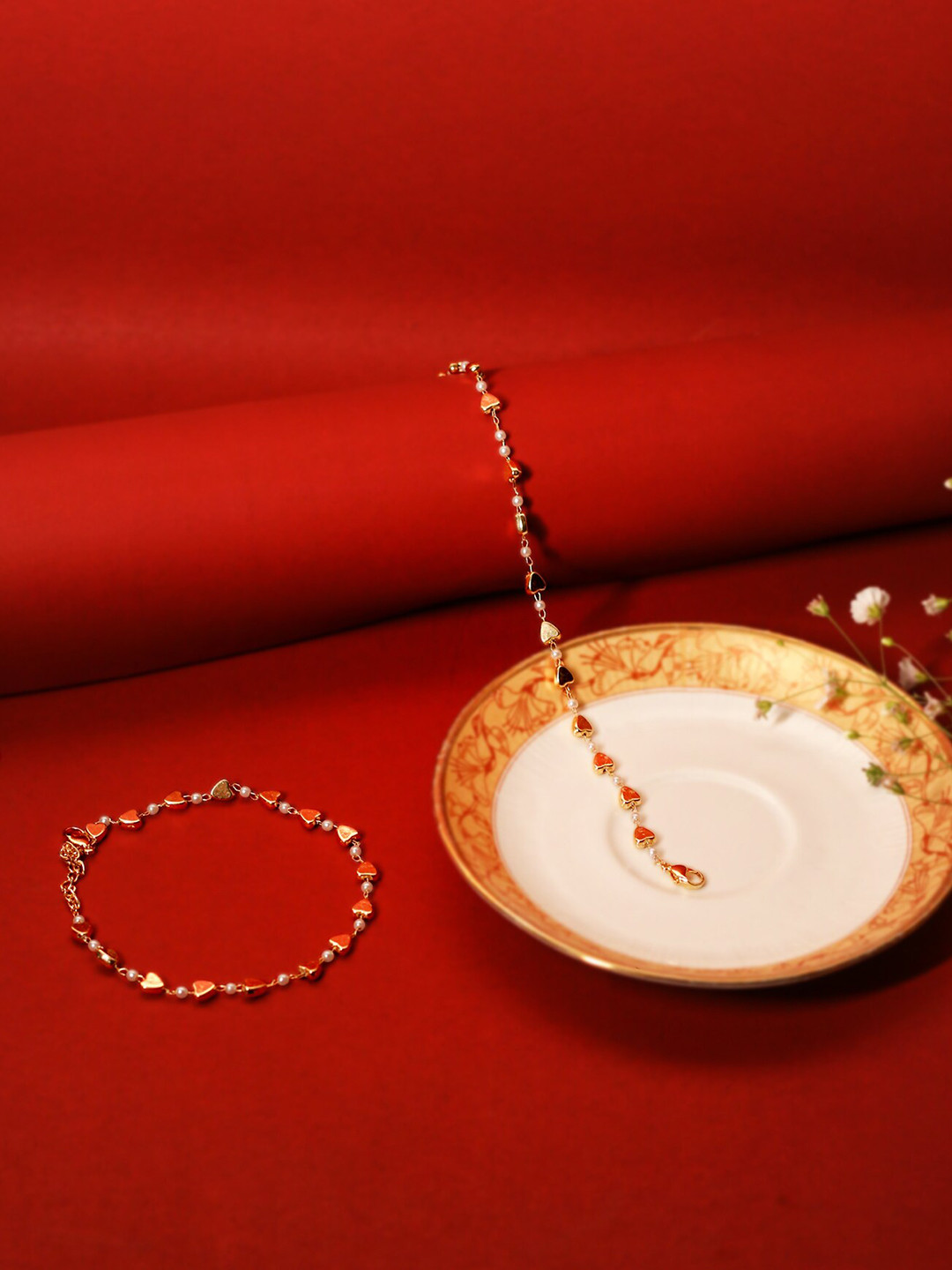 VIRAASI Set Of 2 Gold Plated Beaded Heart Shaped Detail Anklets