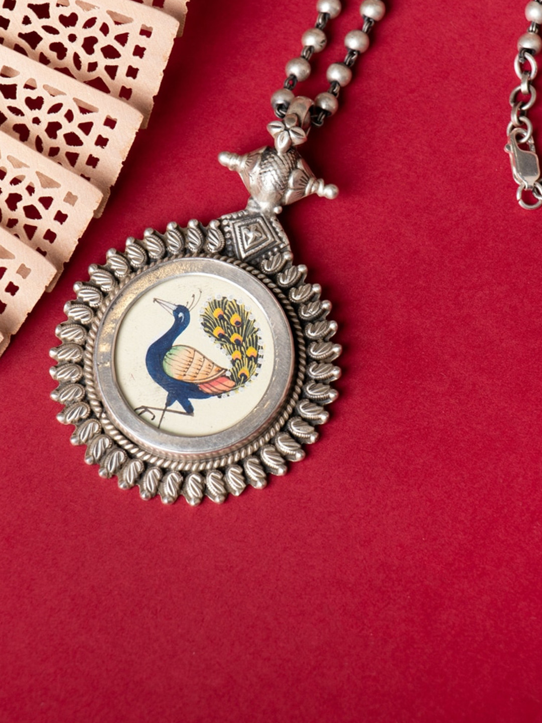 Shyle Sterling Silver Moh Handpainted Peacock Ball Necklace