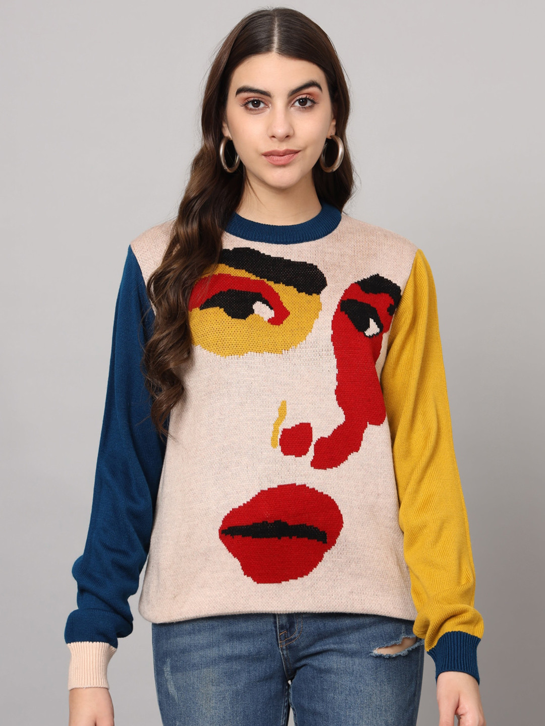 The Dry State Peach-Coloured Graphic Printed Acrylic Pullover Sweater