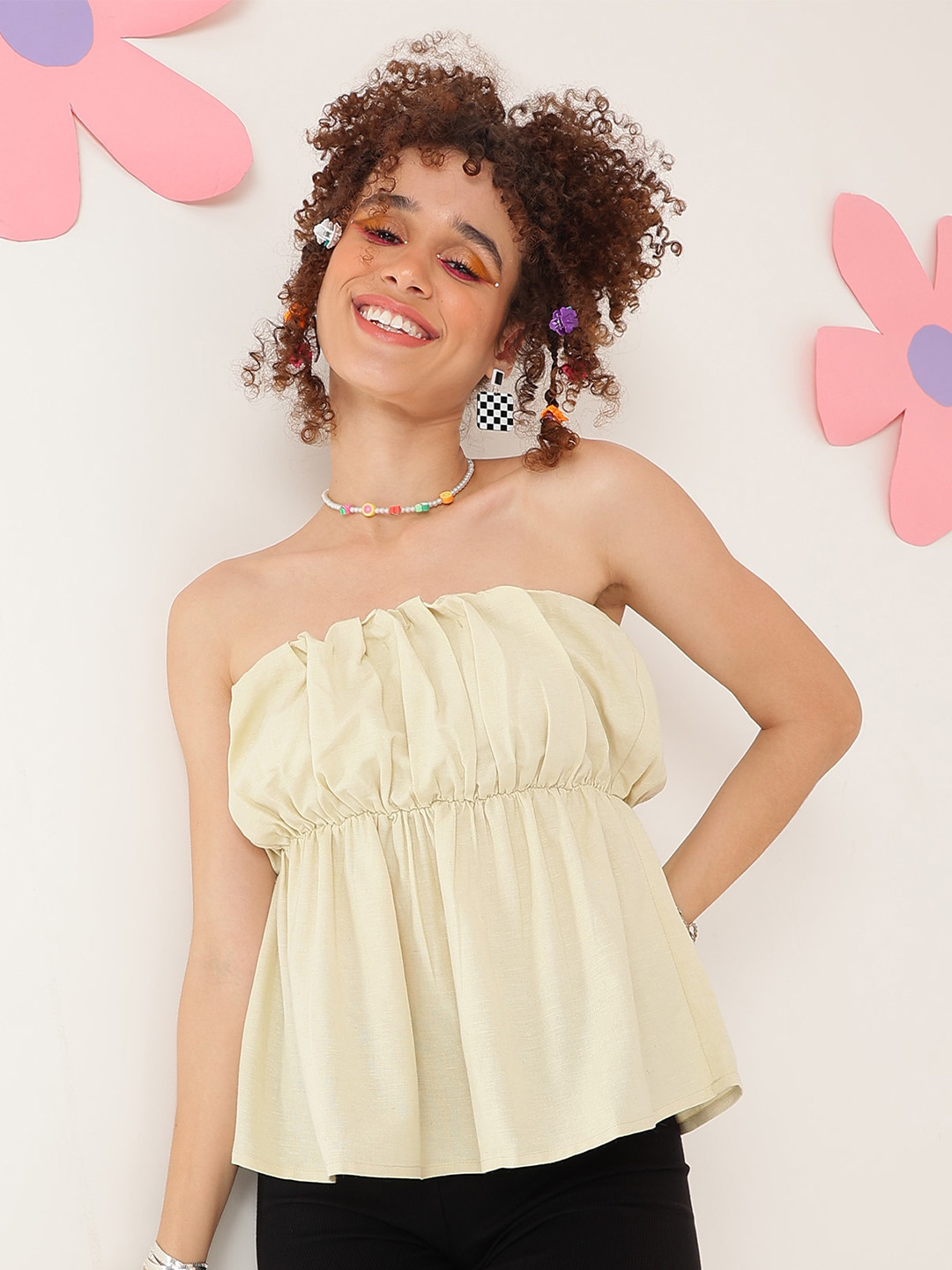 Fuchsia  Strapless Gettered Casual Top