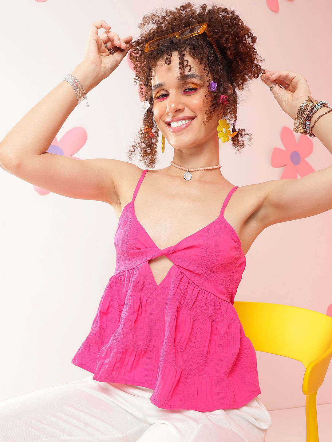 Fuchsia Solid Pink Floral Empire Sleeveless Top