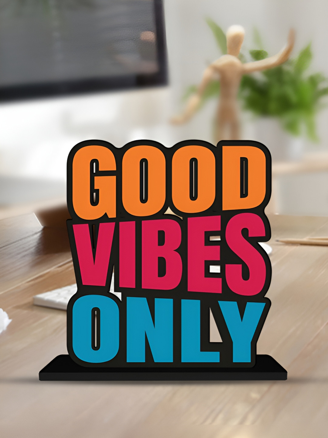 ArtVibes Good Vibes Only Positive Quotes Black Wood Natural Home Office Small Showpiece - 5.5 Inches
