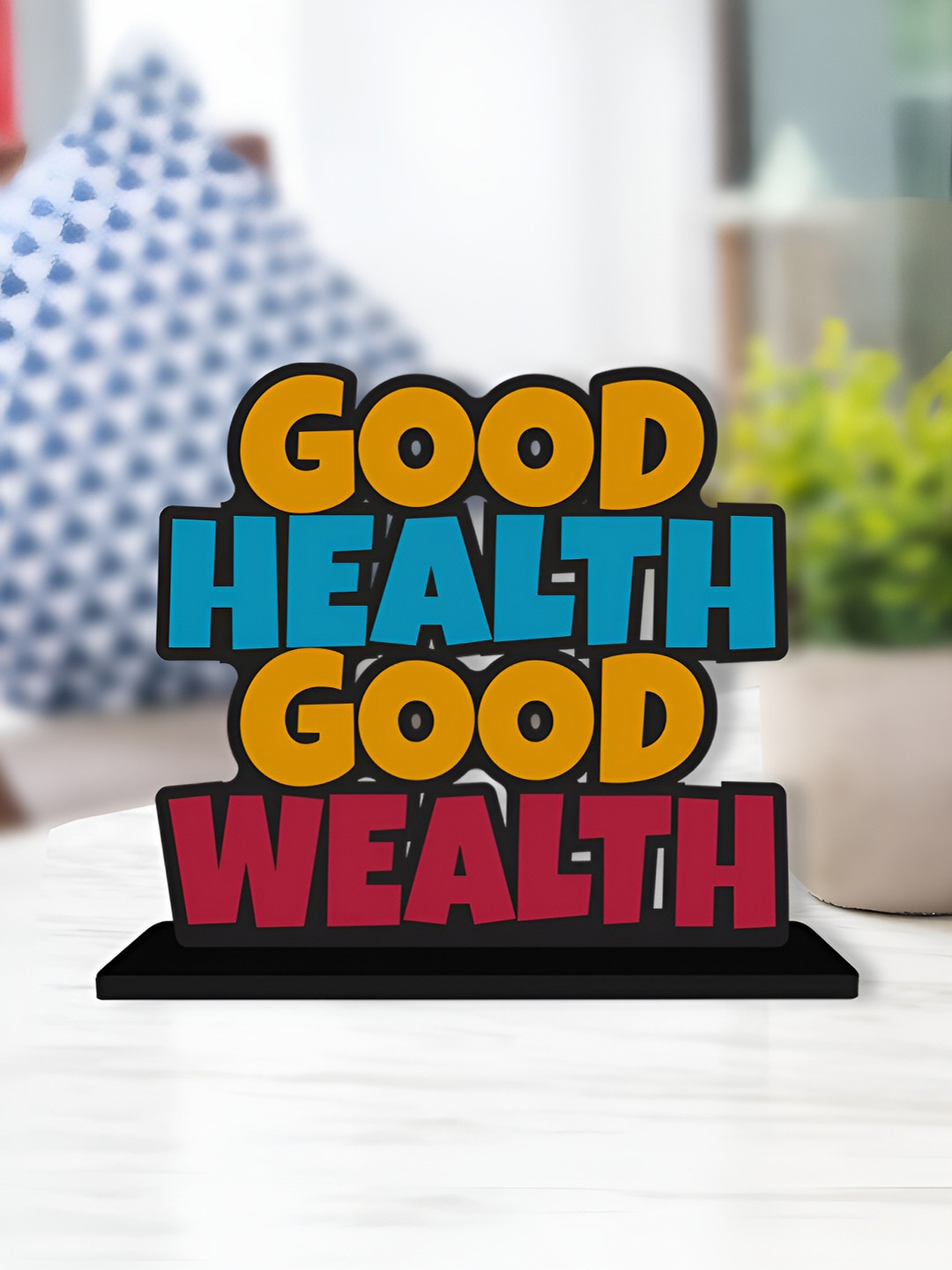 ArtVibes Good Health Good Wealth Positive Quotes Yellow Wood Natural Home Office Small Showpiece - 4 Inches
