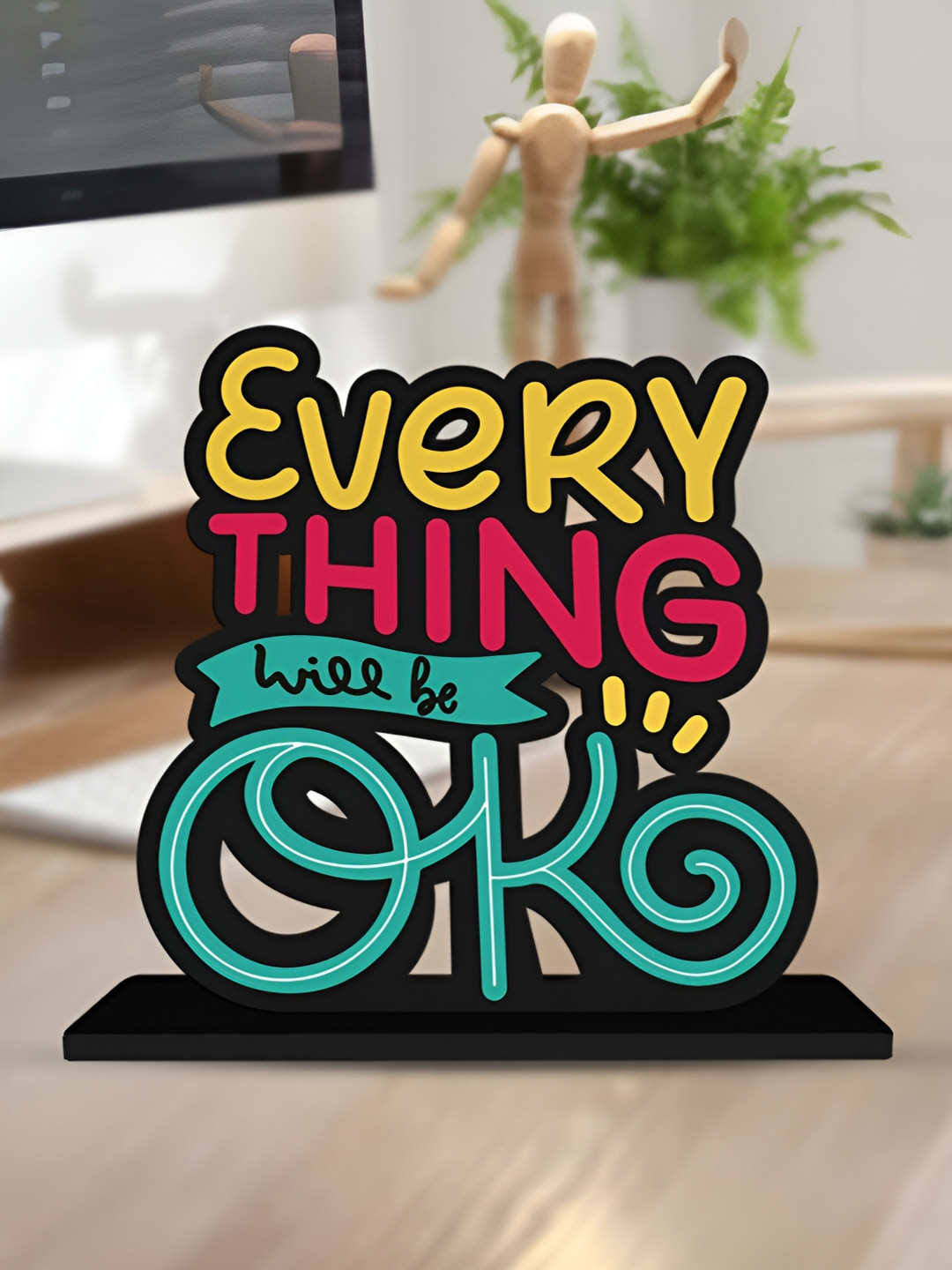 ArtVibes Every Thing will be ok inspirational Quote Yellow Wood Natural Home Office Small Showpiece - 5.5 Inches