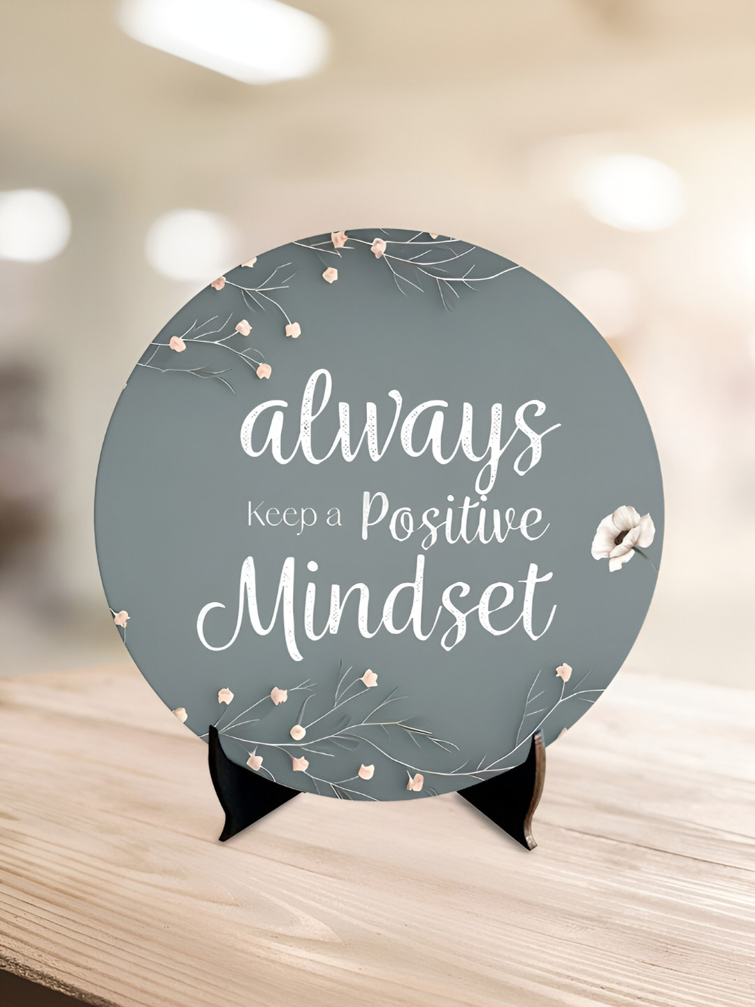 ArtVibes Always Keep a Positive Mindset Desk Decorative Grey Wood Natural Living Room Set of 2 Small Showpieces - 7 Inches