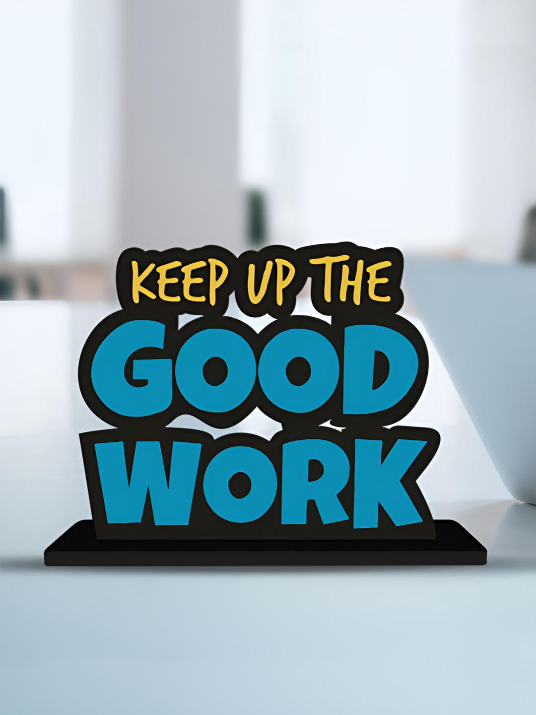 ArtVibes Keep up the Good Work Positive Quote Yellow Wood Natural Living Room Small Showpiece - 4.5 Inches