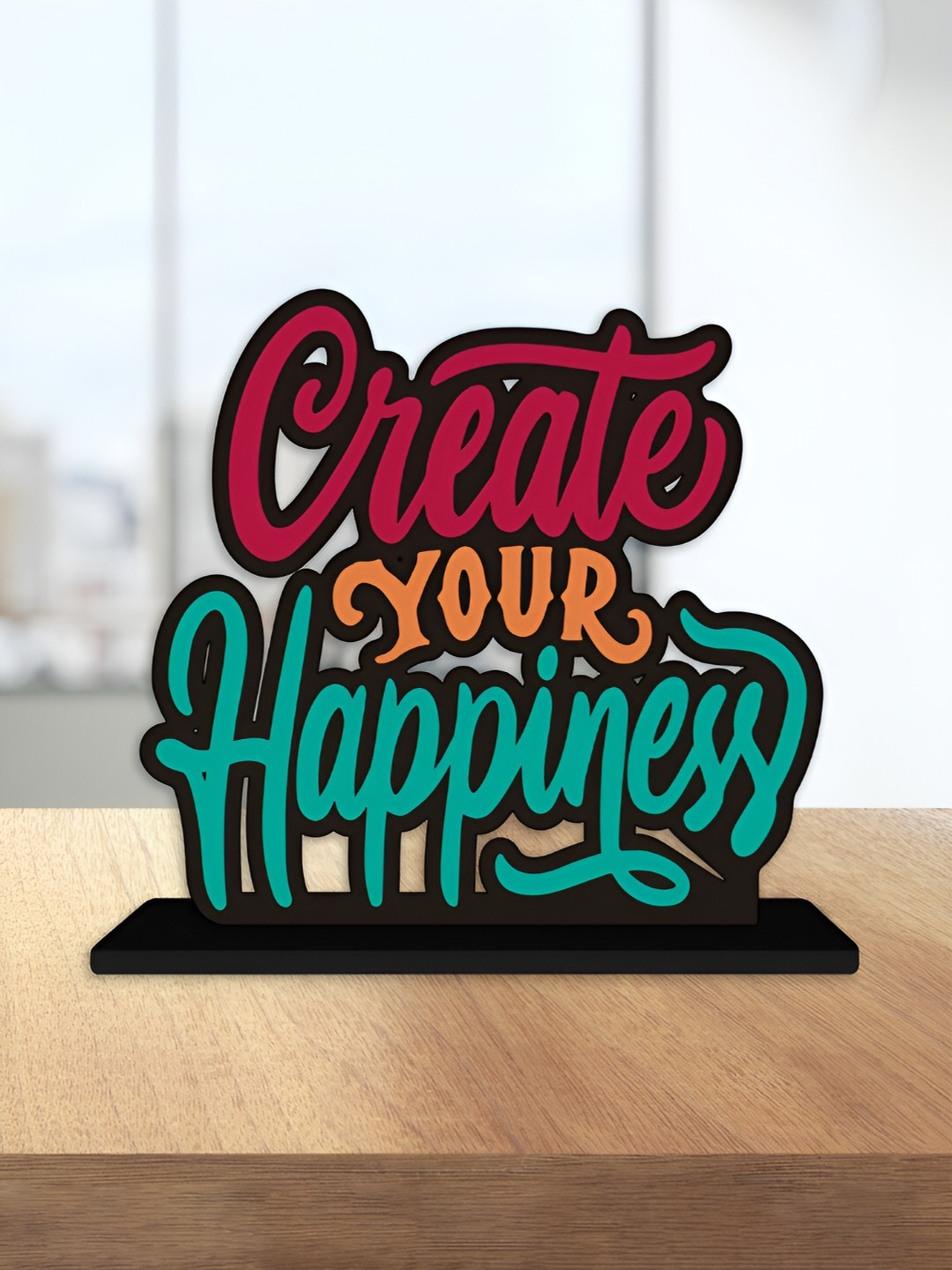 ArtVibes Create Your Happiness Quotes Maroon Wood Natural Home Office Small Showpiece - 5.4 Inches