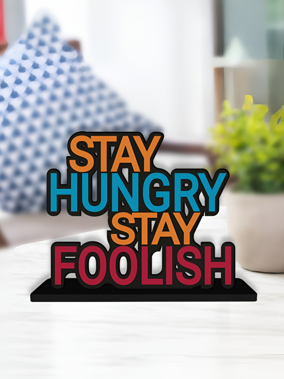 ArtVibes Stay Hungry Stay Foolish Yellow Wood Natural Living Room Small Showpiece - 5 Inches