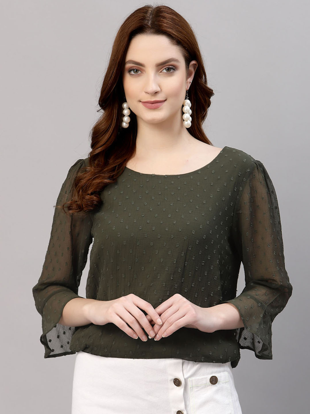 NEUDIS Round Neck Regular Bell Sleeve Opaque Casual Top