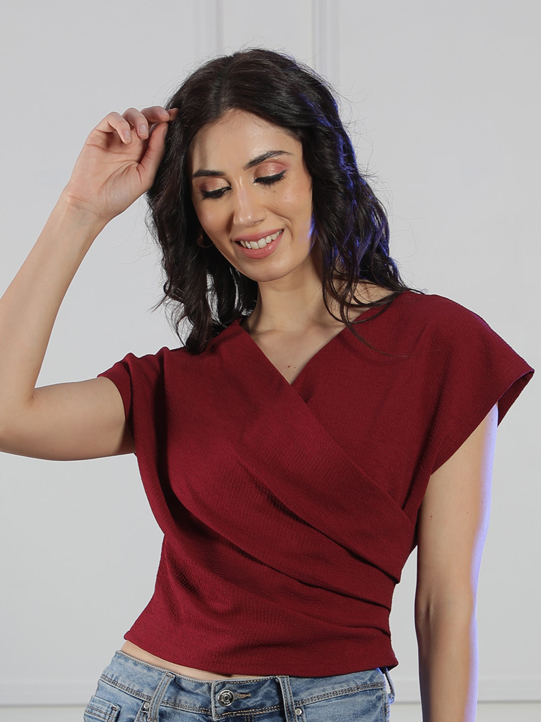 NEUDIS V-Neck Regular Extended Sleeves Wrap Opaque Casual Top