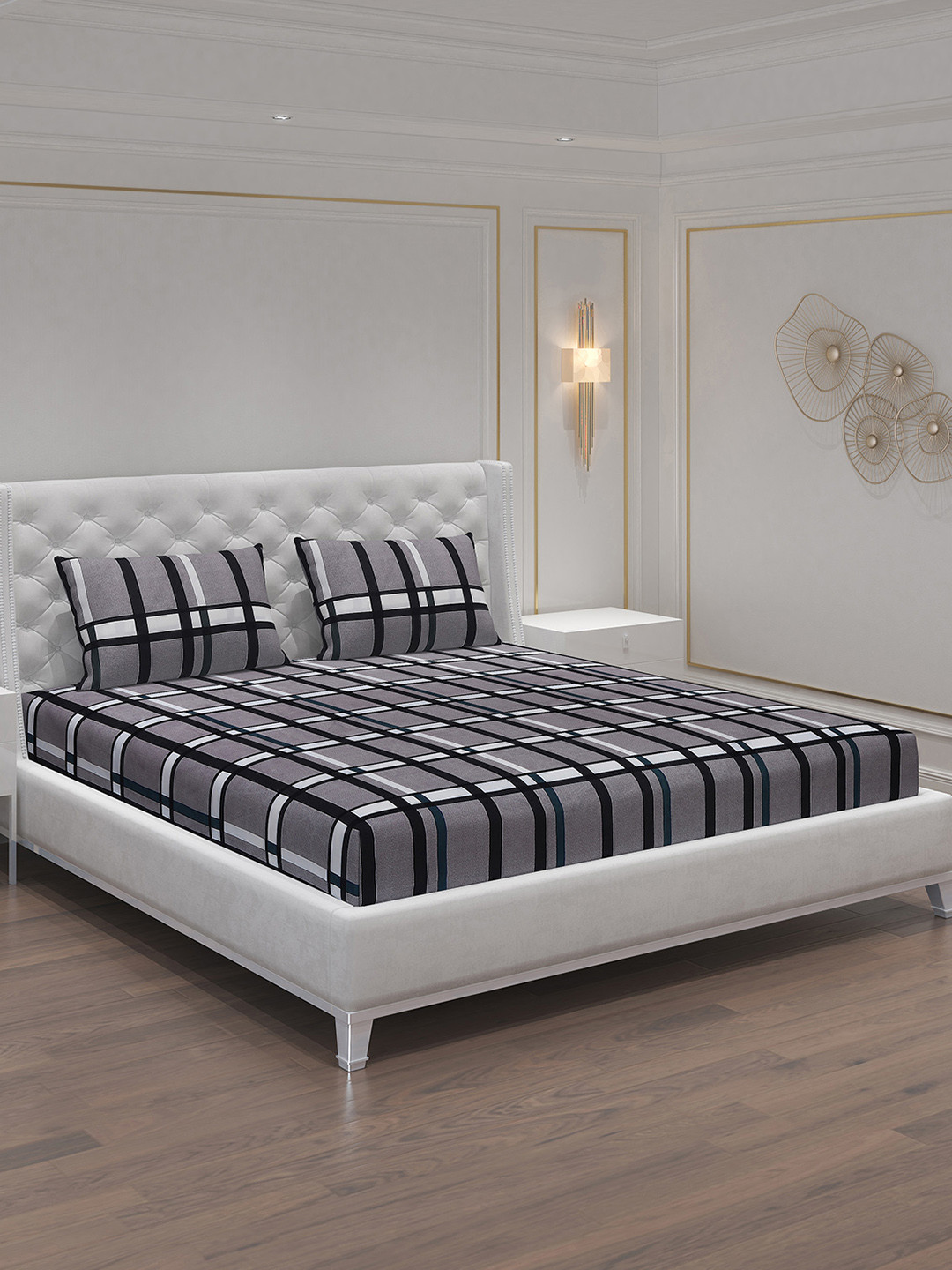 Moca By Monte Carlo Grey Geometric Polycotton 120 TC Queen 2 Bedsheet with 4 Pillow Covers-220 x 240 cm